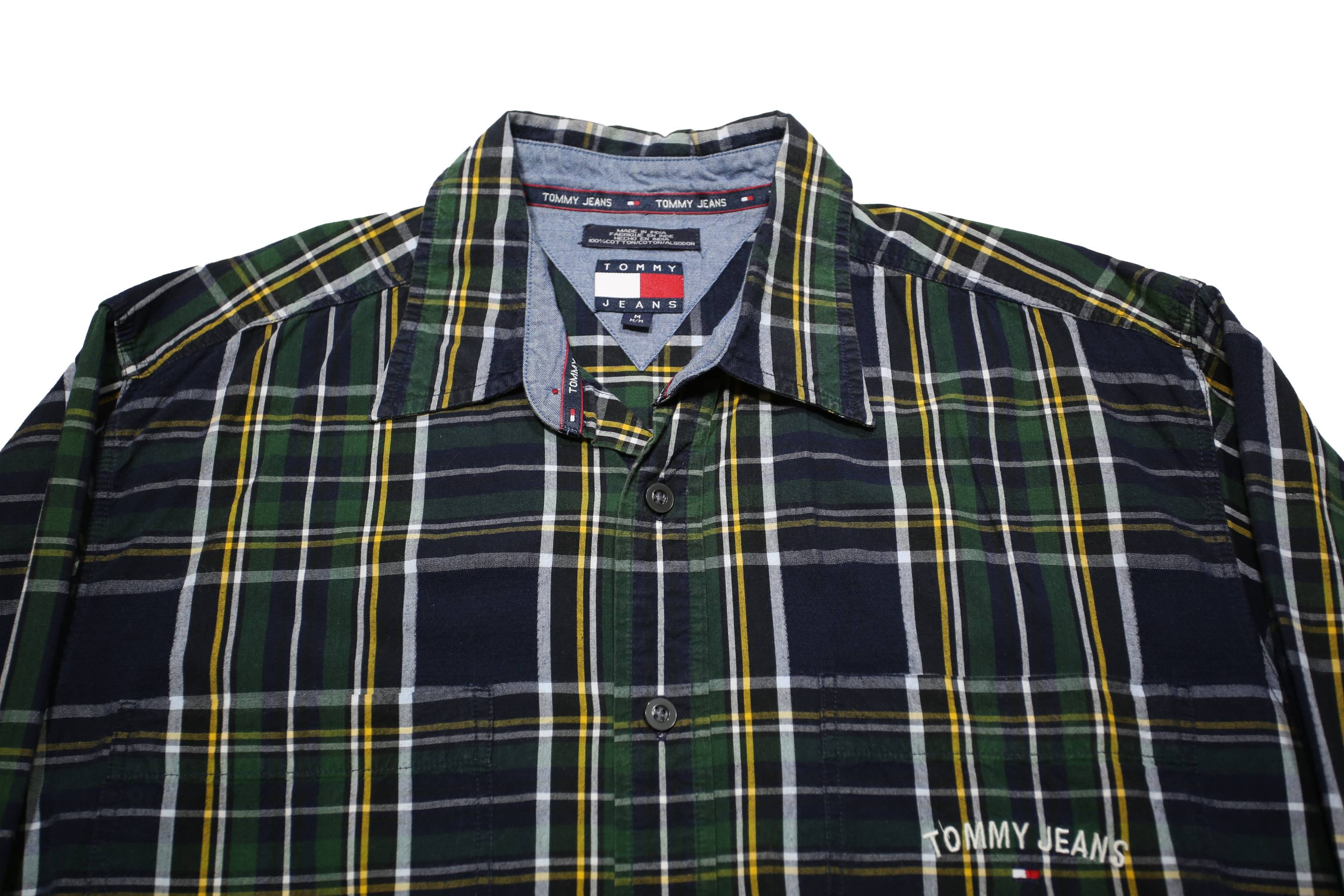 TOMMY JEANS Mens Blue Green & Yellow Check Shirt M Cotton Button Collar Long