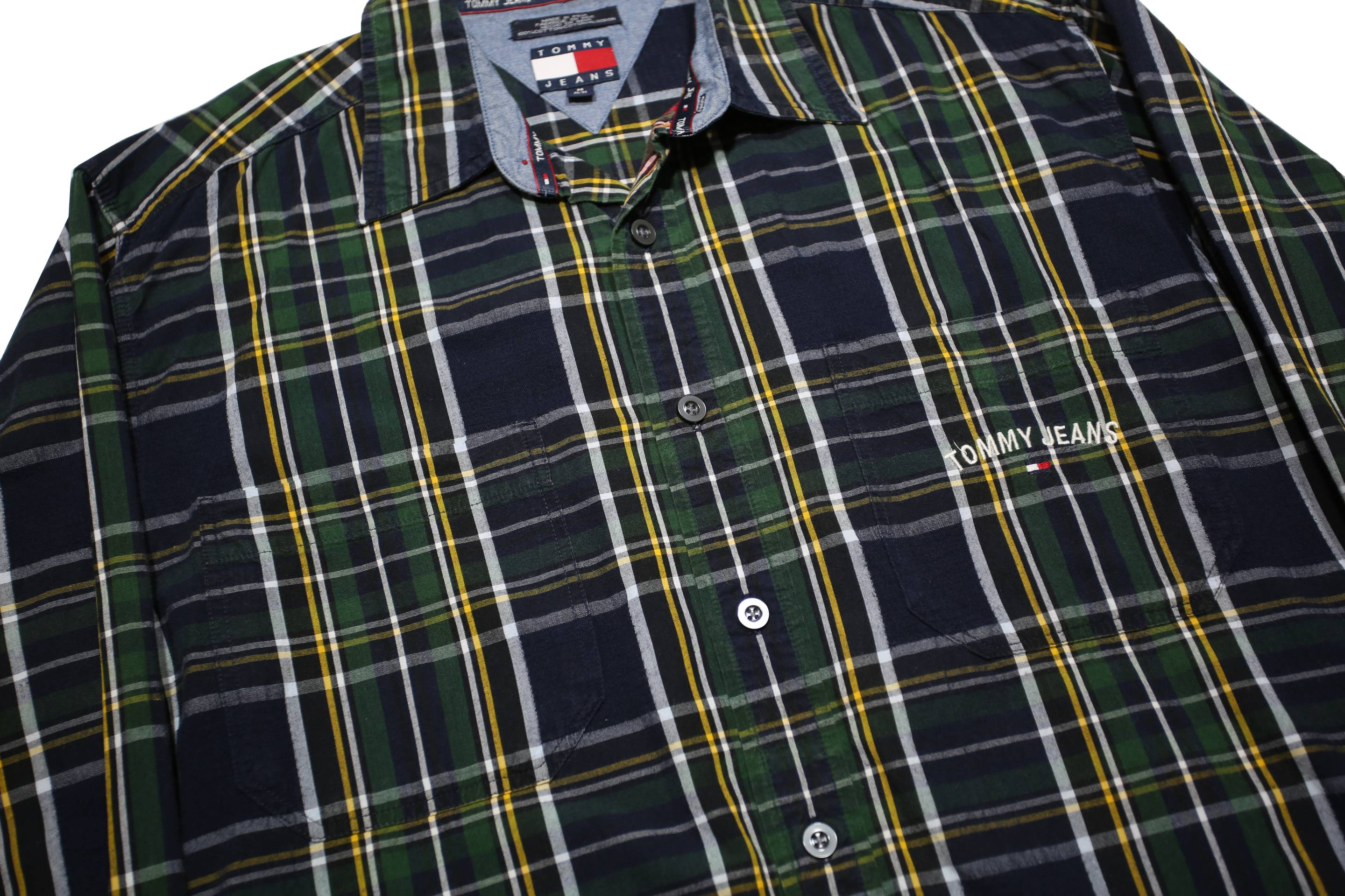 TOMMY JEANS Mens Blue Green & Yellow Check Shirt M Cotton Button Collar Long