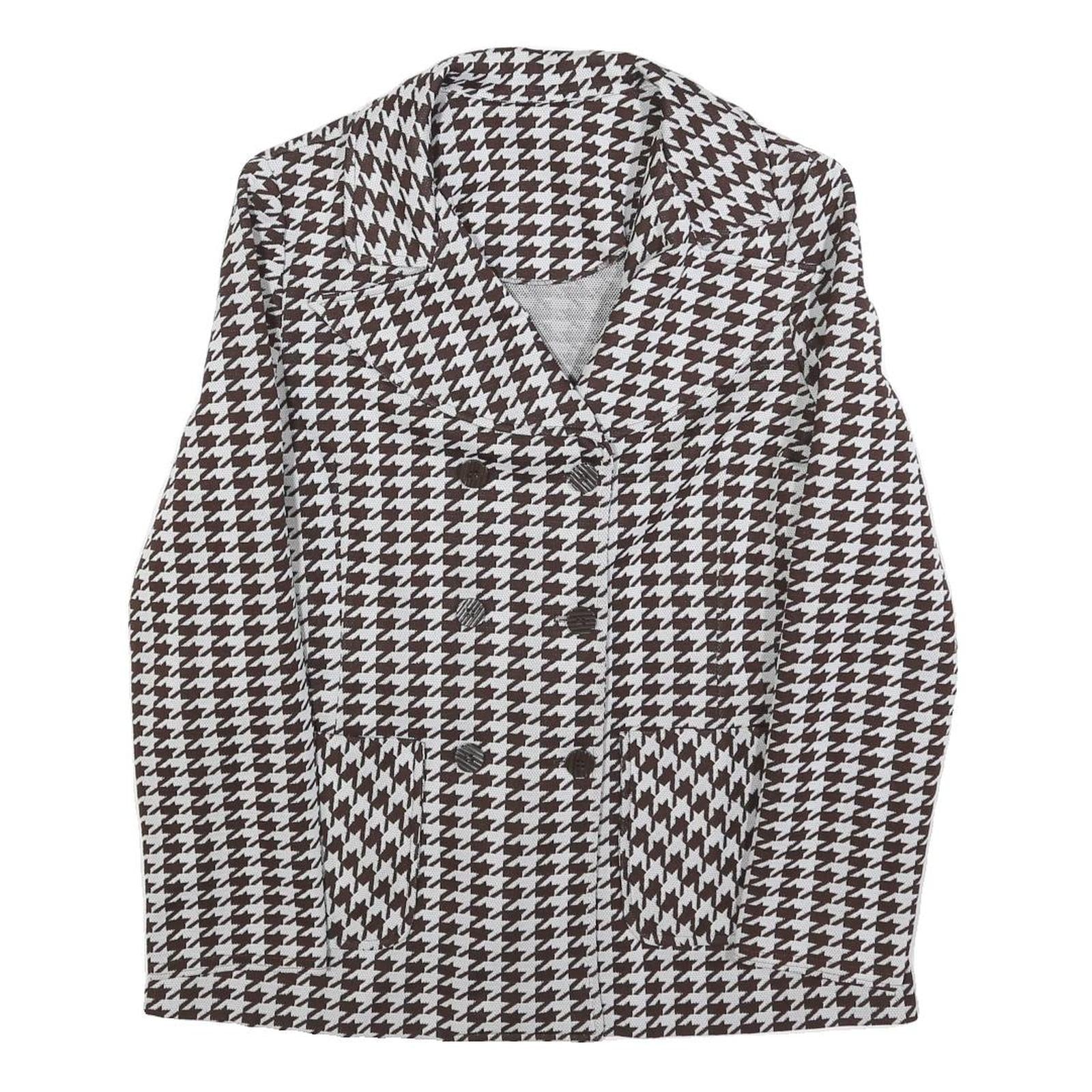 Womens Brown & White Houndstooth Button Jacket M Cotton Blend Classic Style