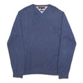 TOMMY HILFIGER Mens Blue Plain V-Neck Basic Knit Jumper L Cotton Classic Style