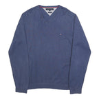 TOMMY HILFIGER Mens Blue Plain V-Neck Basic Knit Jumper L Cotton Classic Style