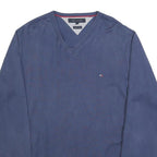 TOMMY HILFIGER Mens Blue Plain V-Neck Basic Knit Jumper L Cotton Classic Style