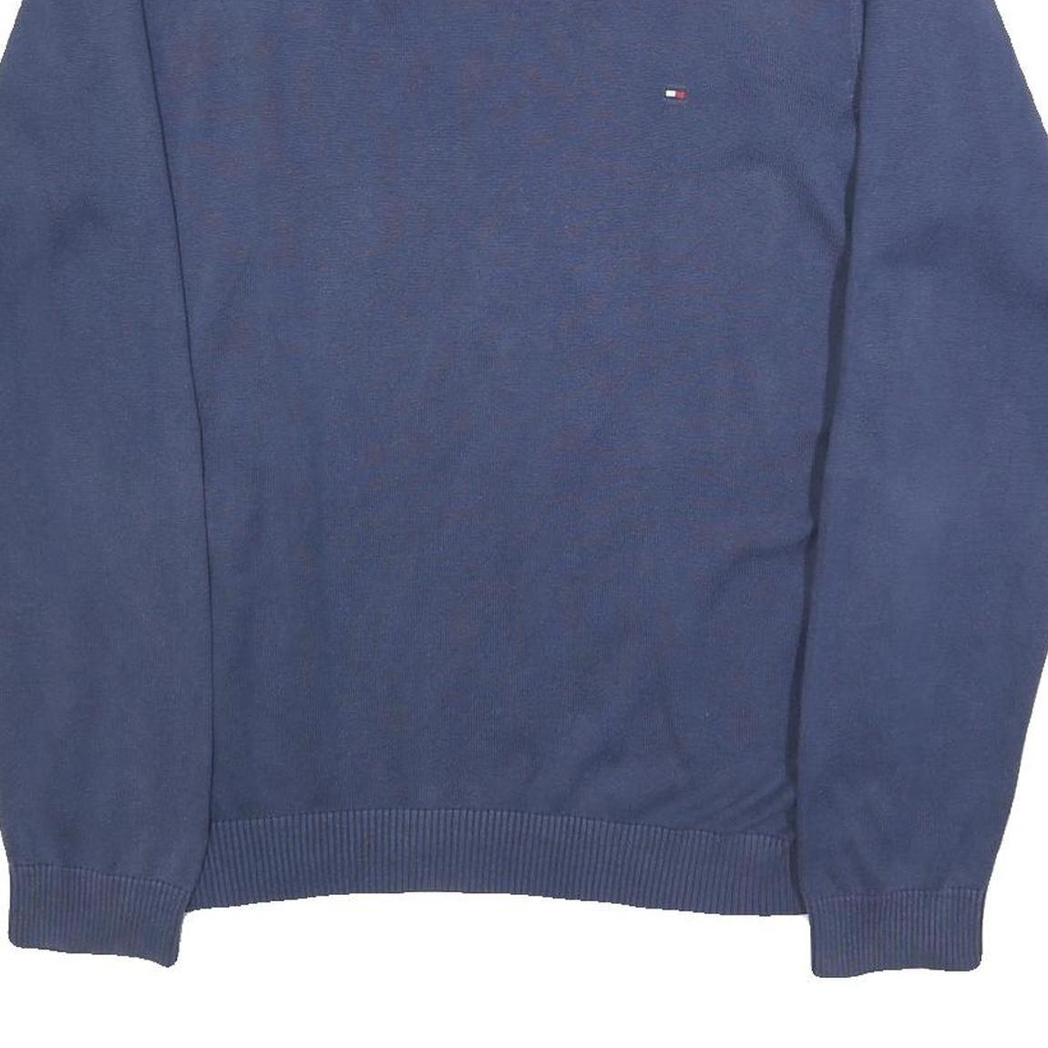 TOMMY HILFIGER Mens Blue Plain V-Neck Basic Knit Jumper L Cotton Classic Style