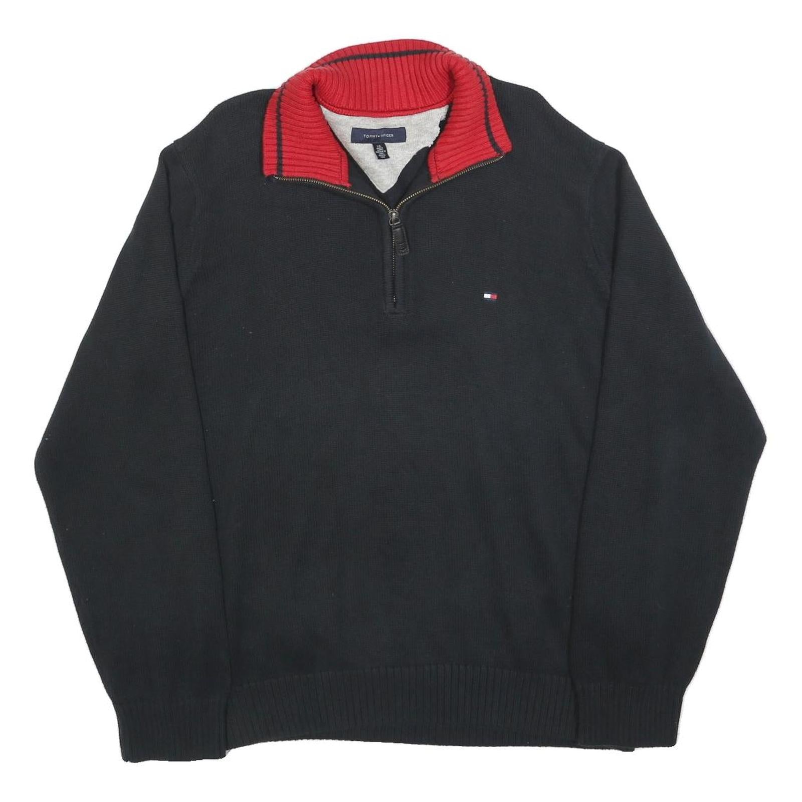 TOMMY HILFIGER Mens Black & Red Patterned Jumper V-Neck L Cotton Blend Knit