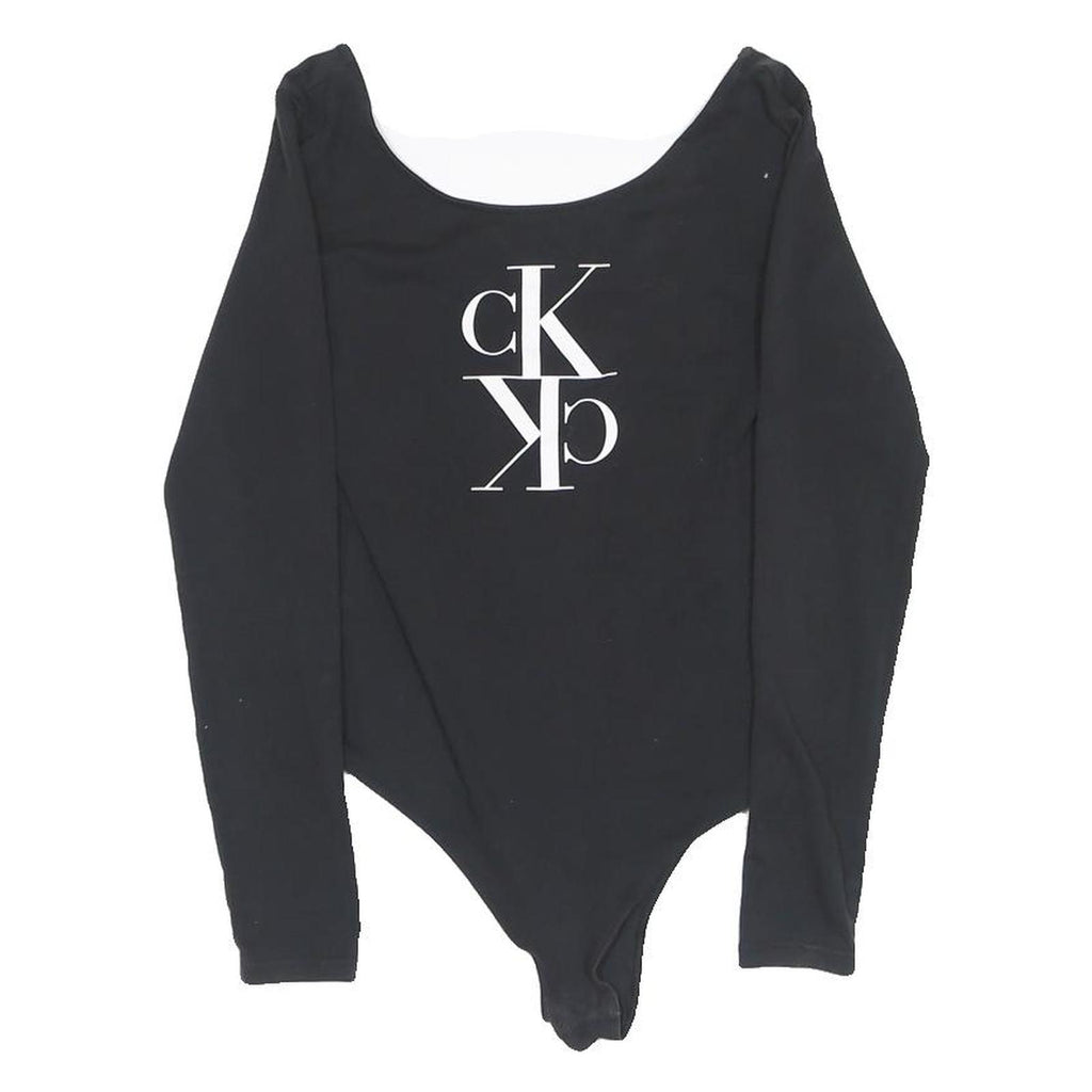 CALVIN KLEIN Womens Black Playsuit Cotton Blend M Long Sleeve Scoop Neck Logo