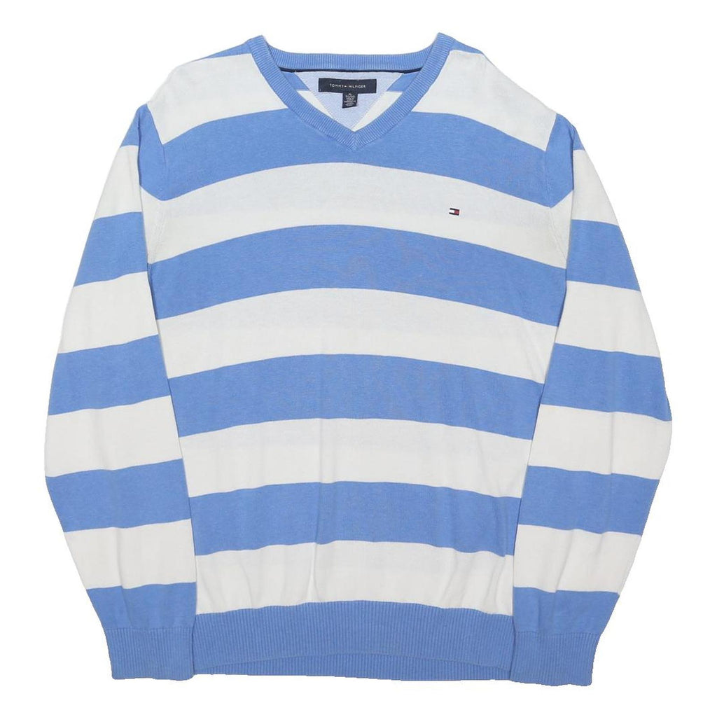 TOMMY HILFIGER Mens Blue & White Patterned V-Neck Basic Knit Jumper XL Striped