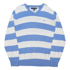 TOMMY HILFIGER Mens Blue & White Patterned V-Neck Basic Knit Jumper XL Striped