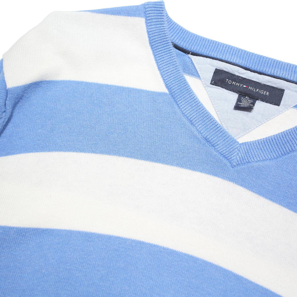 TOMMY HILFIGER Mens Blue & White Patterned V-Neck Basic Knit Jumper XL Striped