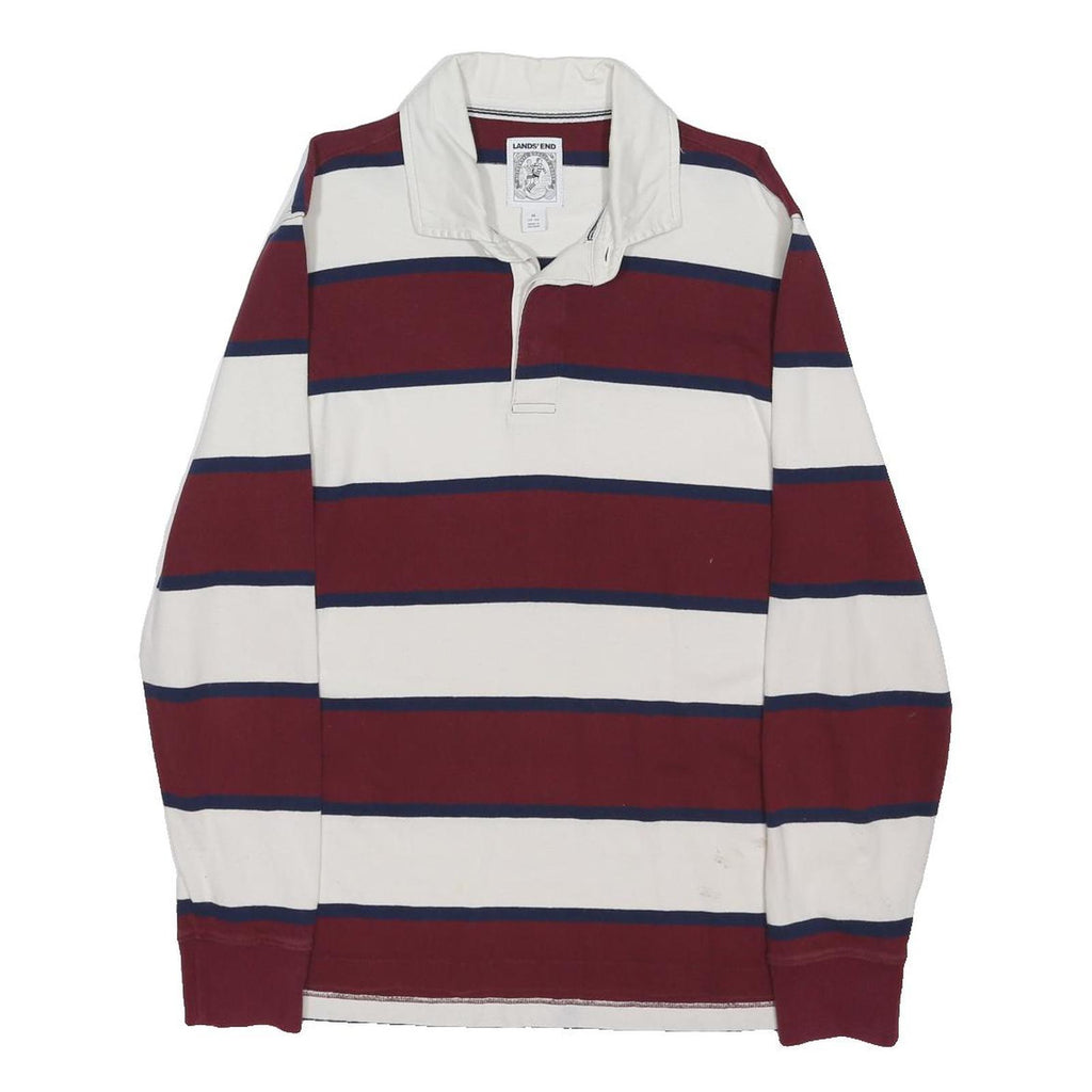 LANDSEND Mens White & Maroon Breton Stripe Long Sleeve Polo Shirt M Cotton Blend