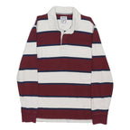 LANDSEND Mens White & Maroon Breton Stripe Long Sleeve Polo Shirt M Cotton Blend