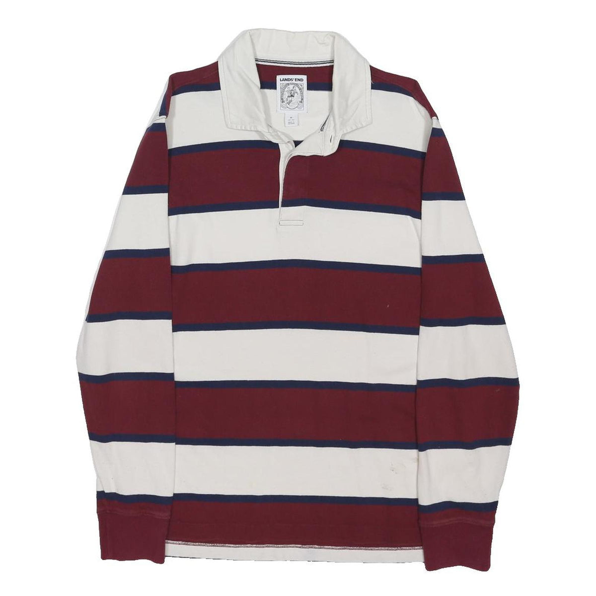 LANDSEND Mens White & Maroon Breton Stripe Long Sleeve Polo Shirt M Cotton Blend