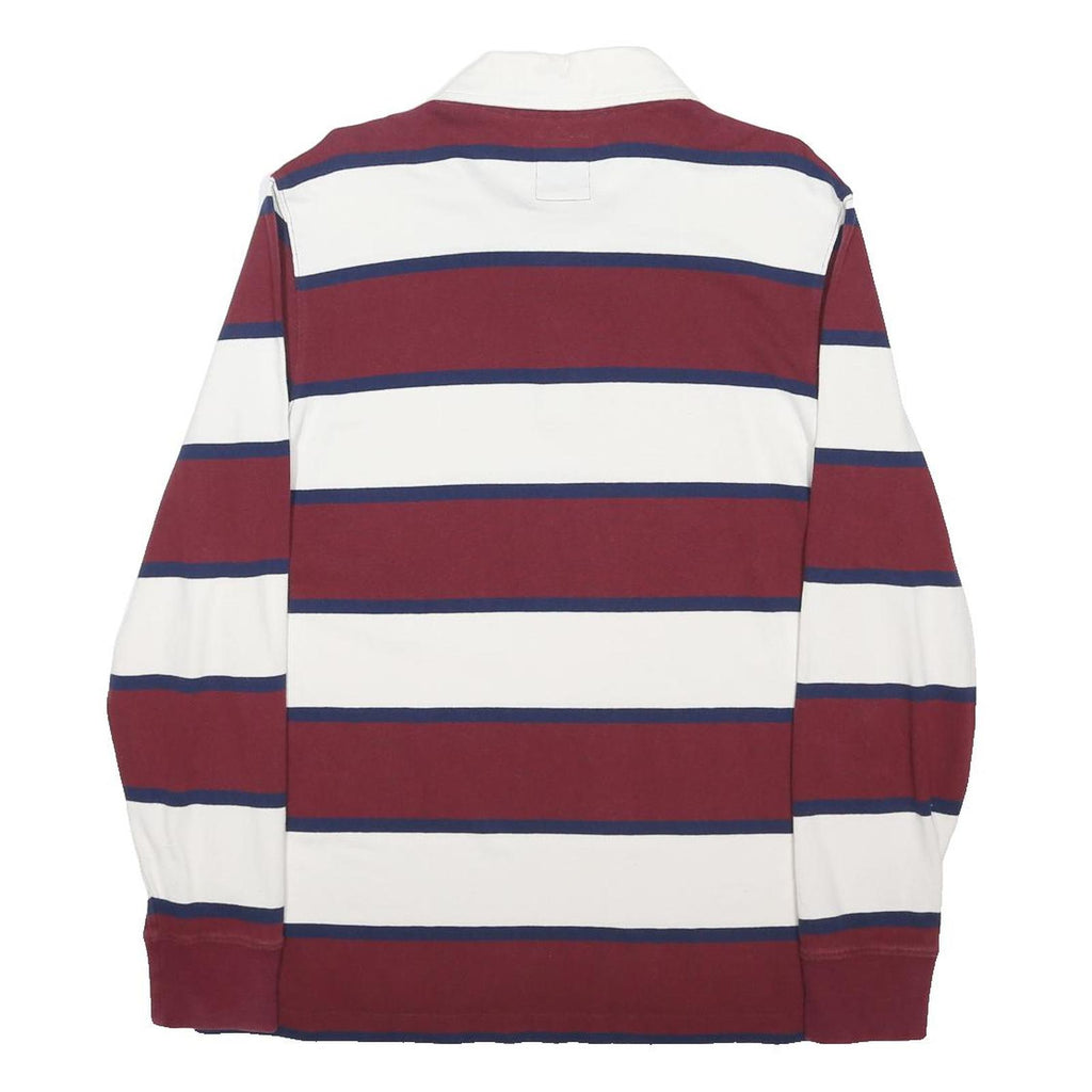 LANDSEND Mens White & Maroon Breton Stripe Long Sleeve Polo Shirt M Cotton Blend