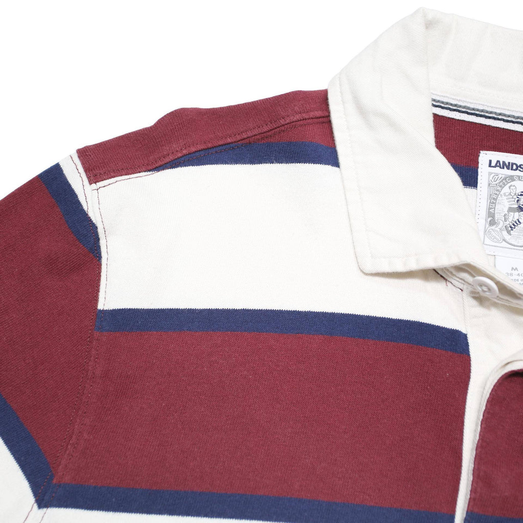 LANDSEND Mens White & Maroon Breton Stripe Long Sleeve Polo Shirt M Cotton Blend