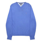 TOMMY HILFIGER Mens Blue Plain V-Neck Basic Knit S Cotton Jumper Casual Comfort