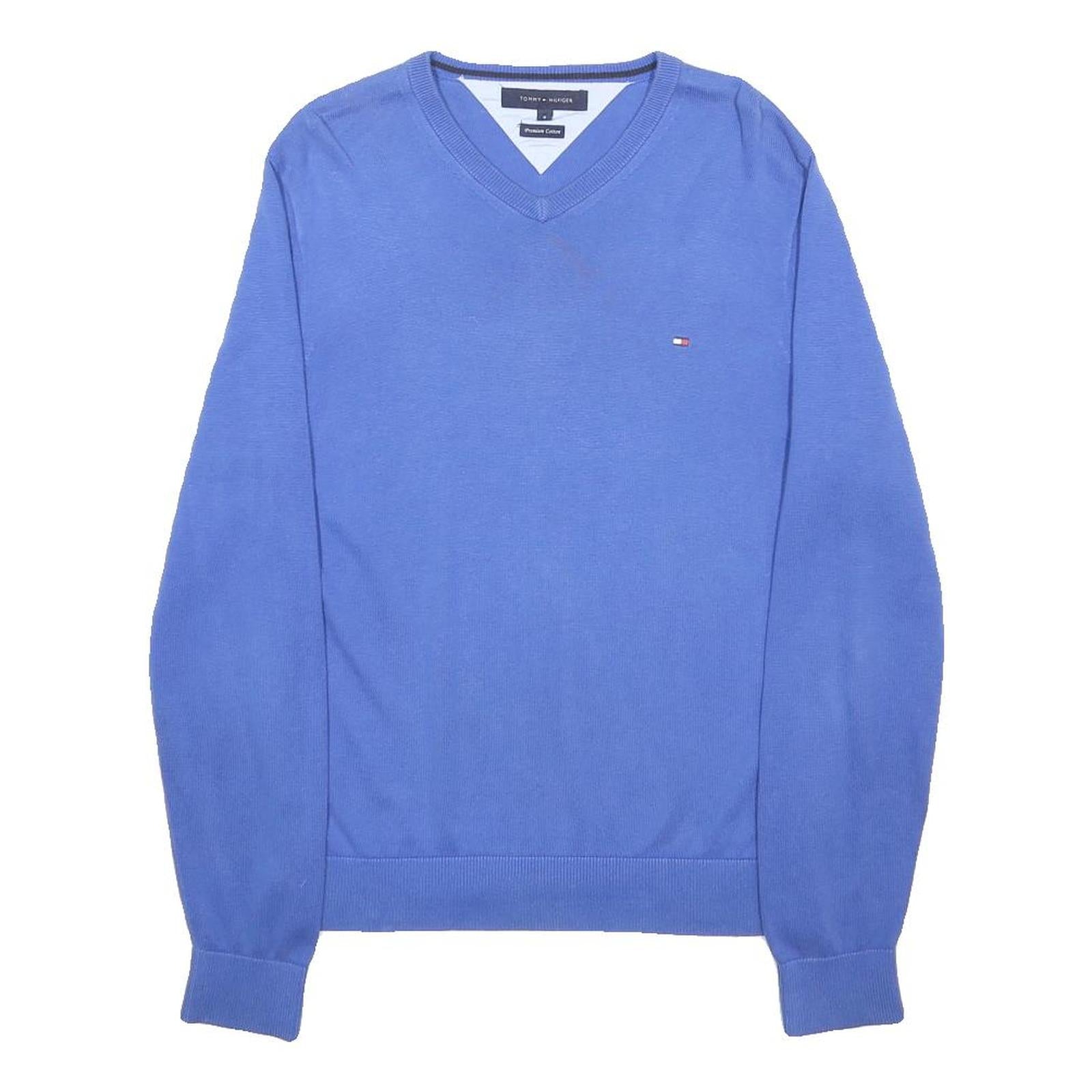 TOMMY HILFIGER Mens Blue Plain V-Neck Basic Knit S Cotton Jumper Casual Comfort