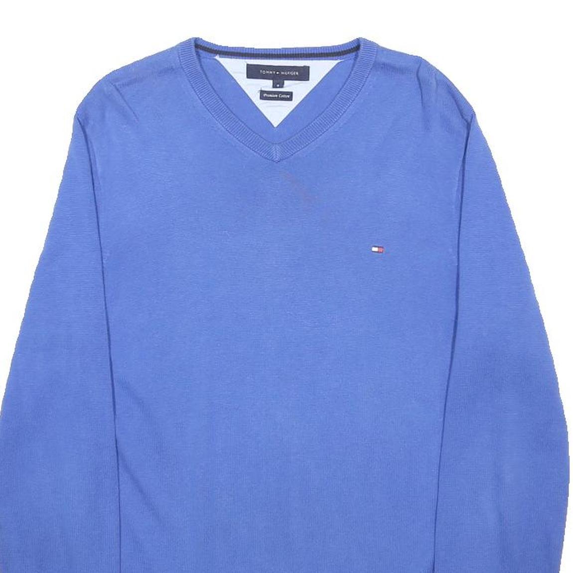 TOMMY HILFIGER Mens Blue Plain V-Neck Basic Knit S Cotton Jumper Casual Comfort