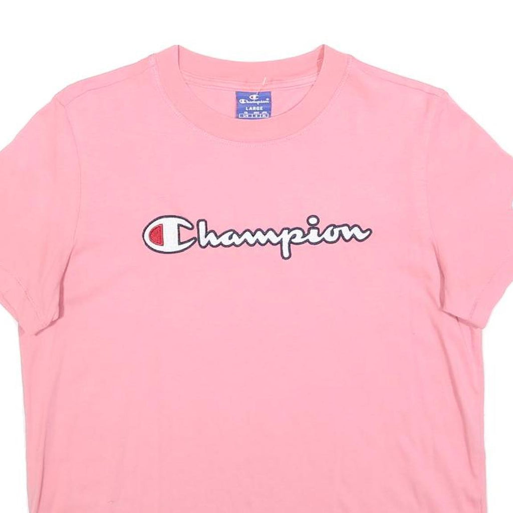 CHAMPION Girls Pink Graphic T-Shirt L Short Sleeve Crew Neck Cotton Blend