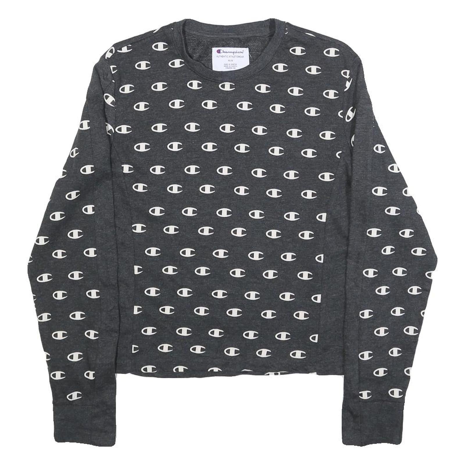 CHAMPION Womens Grey All Over Logo Crew Neck M Sweatshirt Cotton Blend Pullover