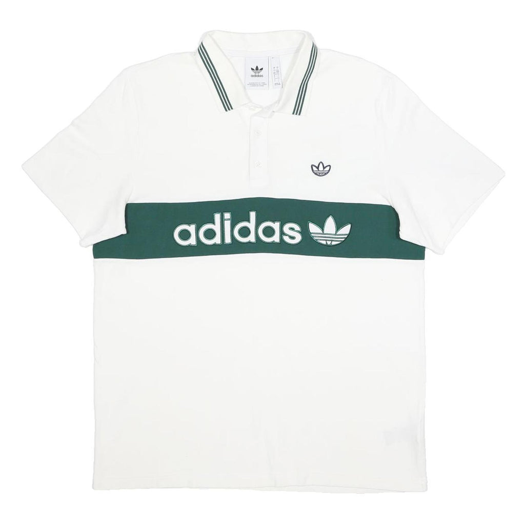 ADIDAS Mens White & Dark Green Polo Shirt L Cotton Logo Casual Sportswear