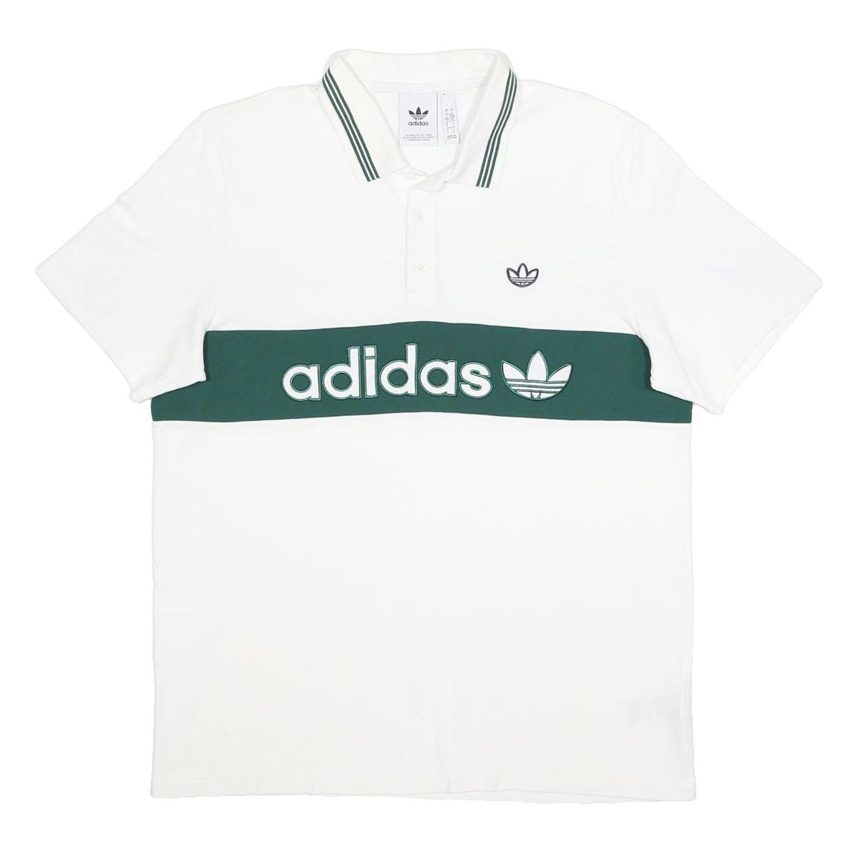 ADIDAS Mens White & Dark Green Polo Shirt L Cotton Logo Casual Sportswear