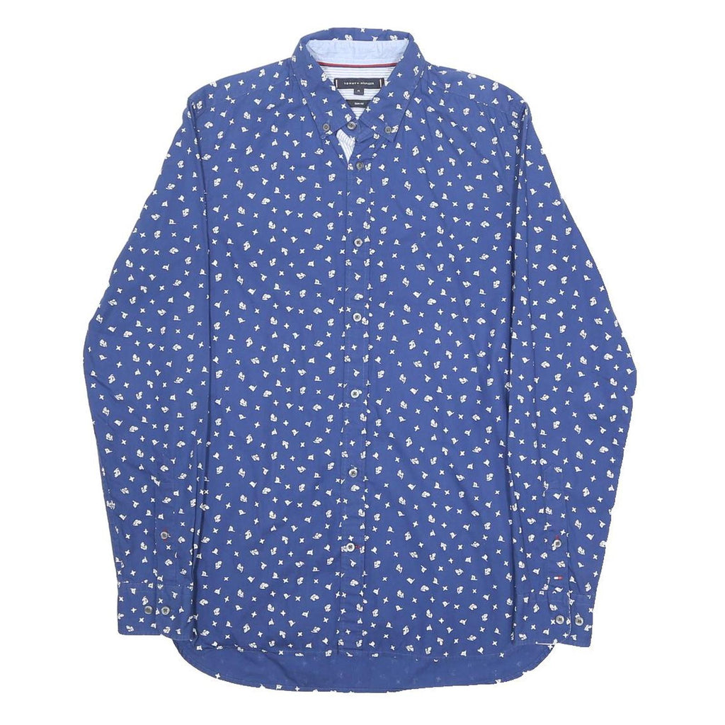 TOMMY HILFIGER Mens Blue Printed Cotton Shirt M Casual Long Sleeve Button Collar