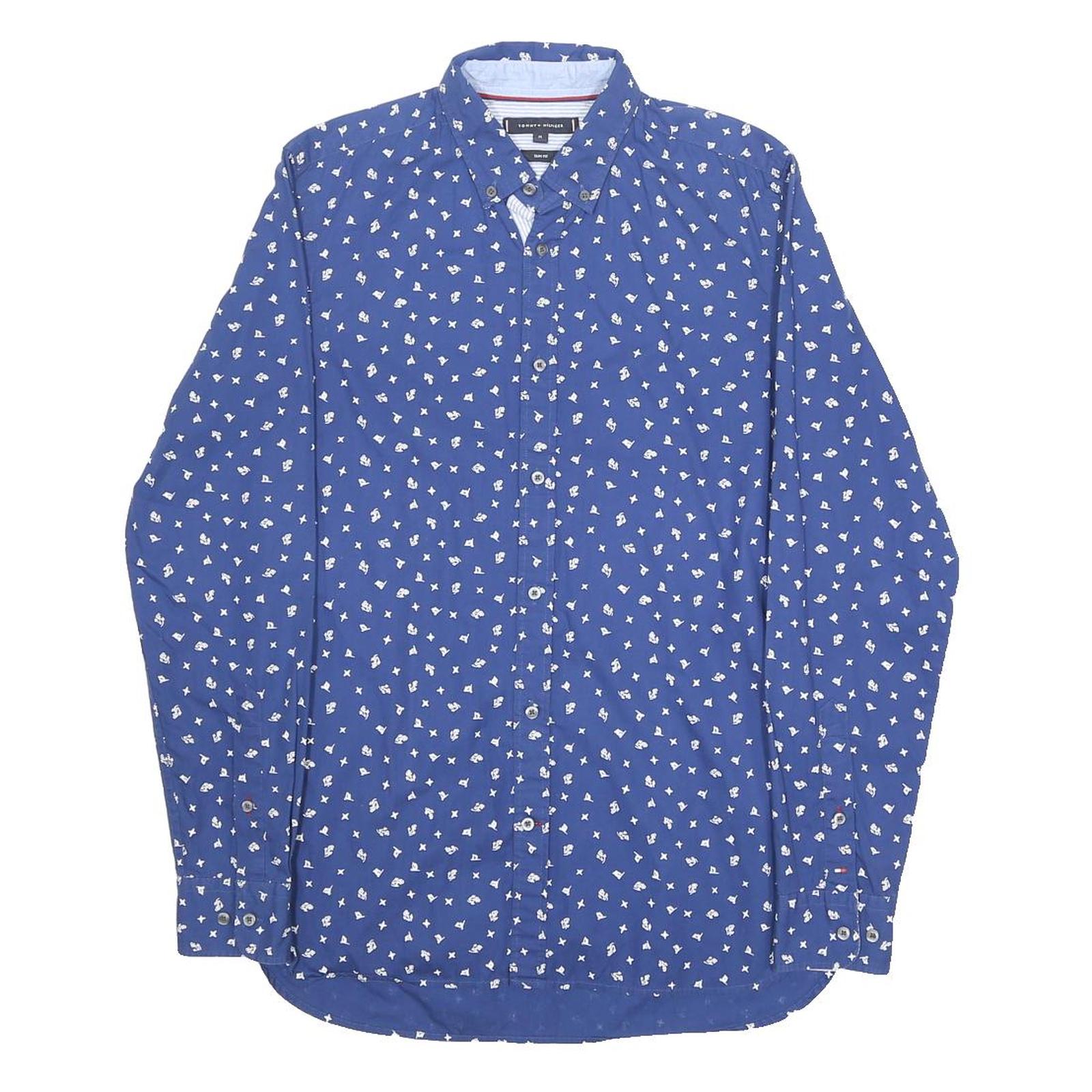 TOMMY HILFIGER Mens Blue Printed Cotton Shirt M Casual Long Sleeve Button Collar