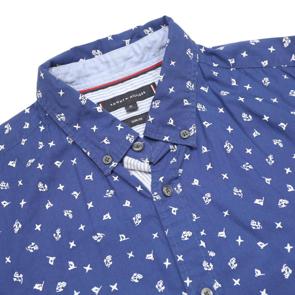 TOMMY HILFIGER Mens Blue Printed Cotton Shirt M Casual Long Sleeve Button Collar