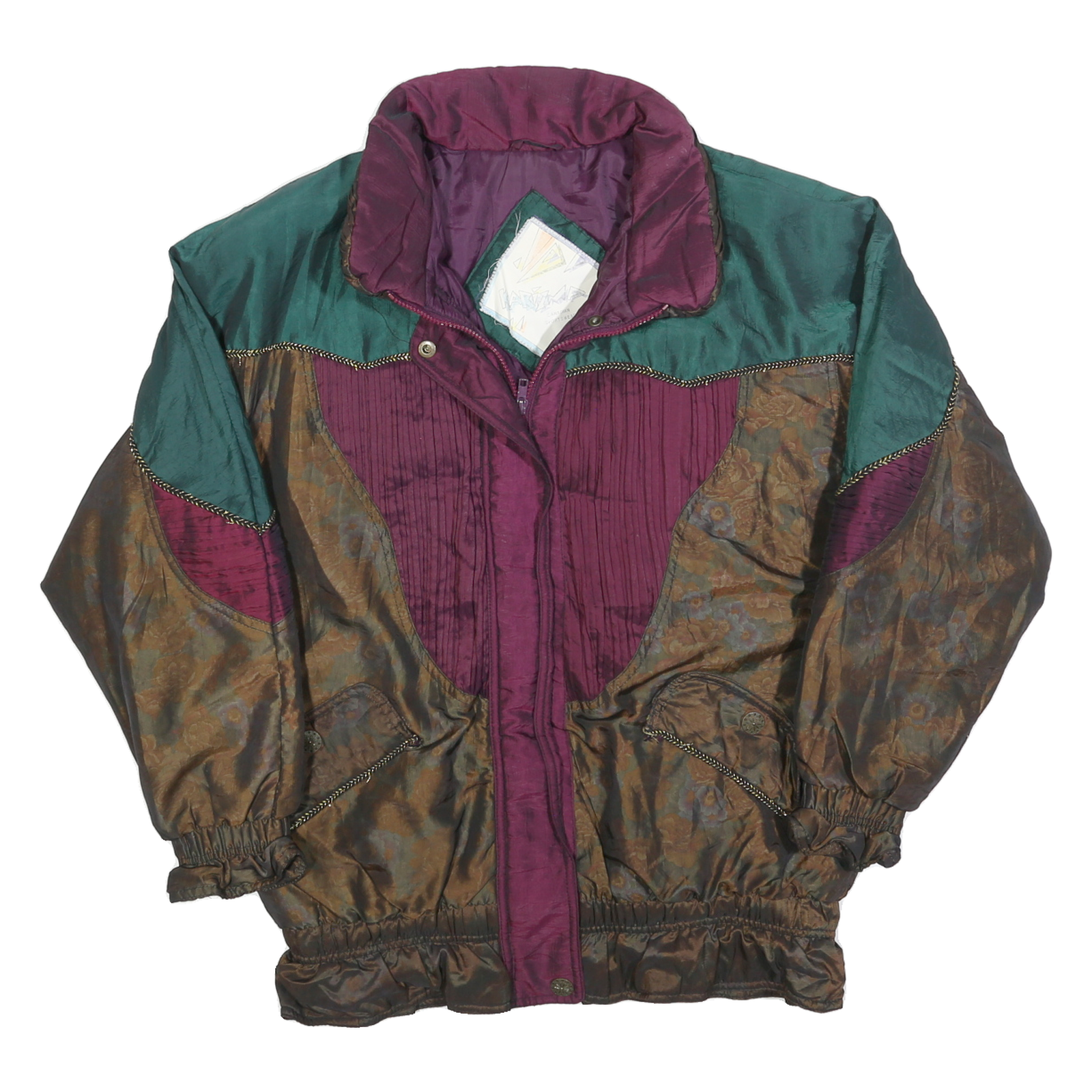 KARIZMA Womens Green & Burgundy Colourblock Zip Jacket M Polyester Blend Vintage