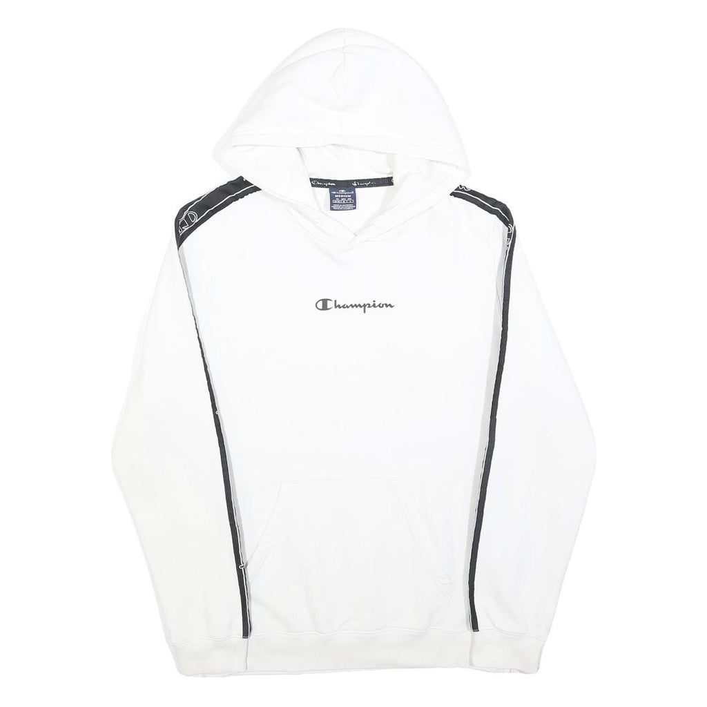CHAMPION Mens White & Black Logo Tape Hoodie M Cotton Casual Sweatshirt