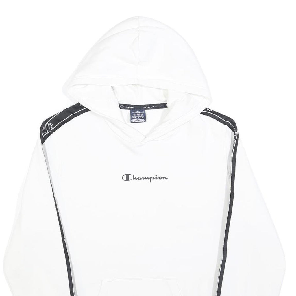 CHAMPION Mens White & Black Logo Tape Hoodie M Cotton Casual Sweatshirt