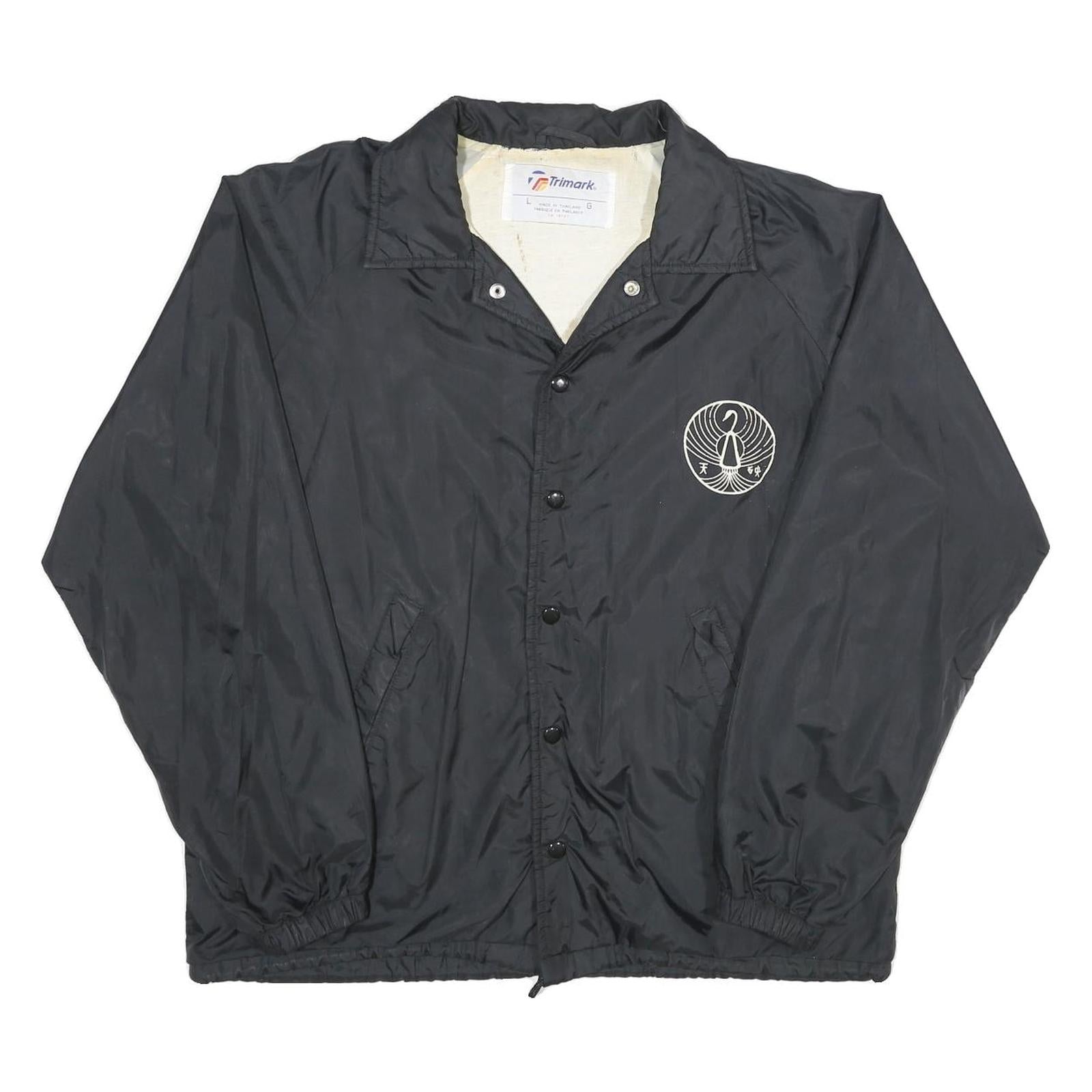 TRI-MARK Mens Black Nylon Button Jacket L Plain Hagakure Jiu Jitsu Embroidered