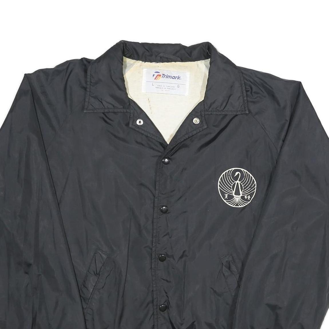 TRI-MARK Mens Black Nylon Button Jacket L Plain Hagakure Jiu Jitsu Embroidered