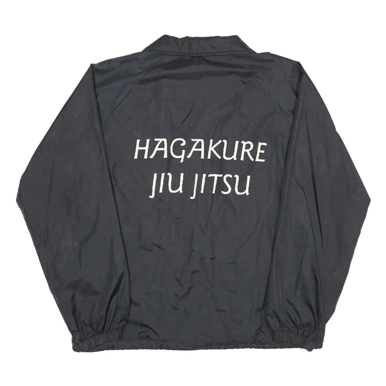 TRI-MARK Mens Black Nylon Button Jacket L Plain Hagakure Jiu Jitsu Embroidered