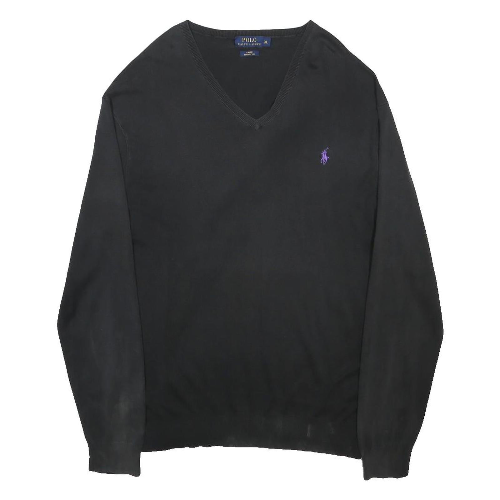 POLO RALPH LAUREN Mens Black Plain V-Neck Basic Knit Jumper XL Cotton Classic
