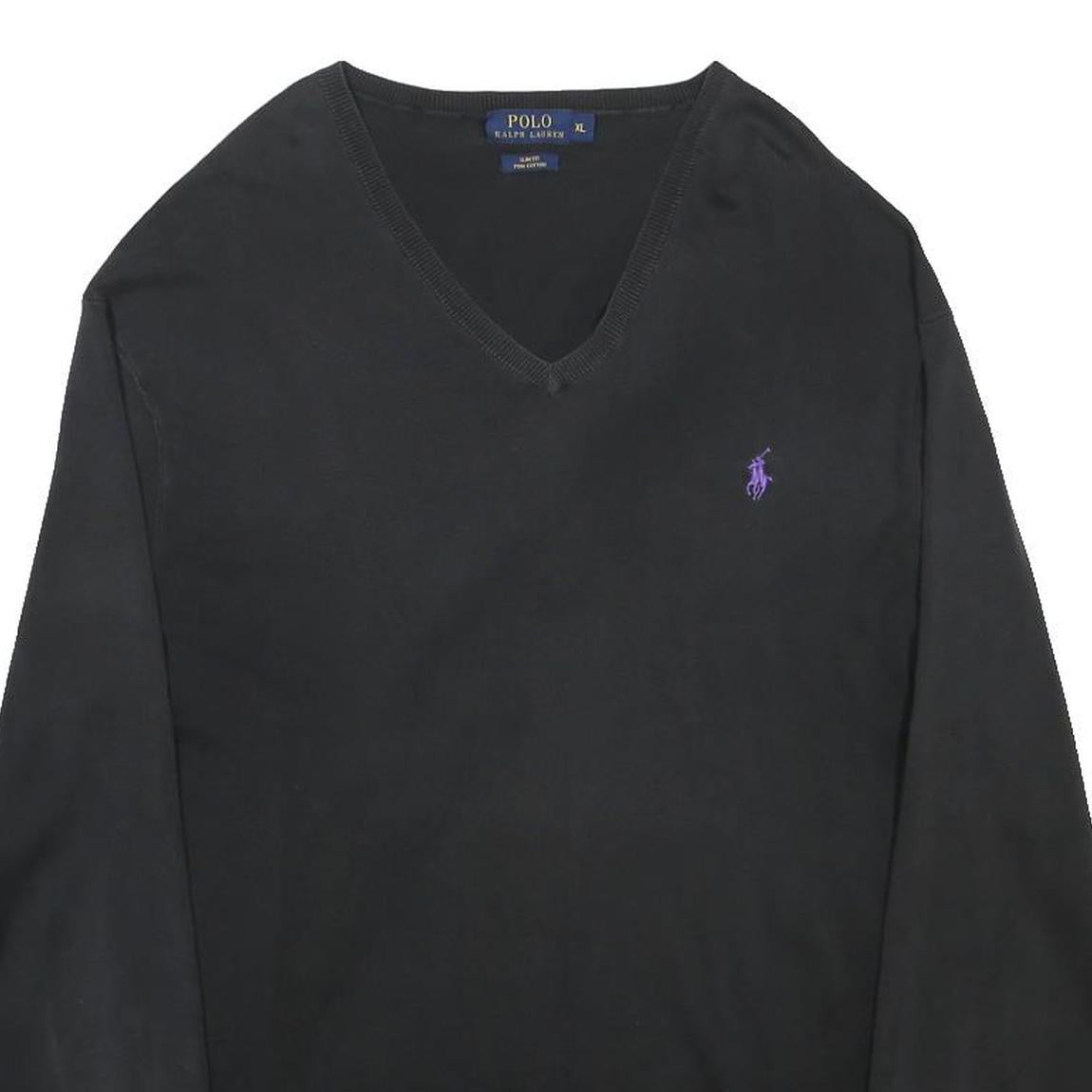 POLO RALPH LAUREN Mens Black Plain V-Neck Basic Knit Jumper XL Cotton Classic