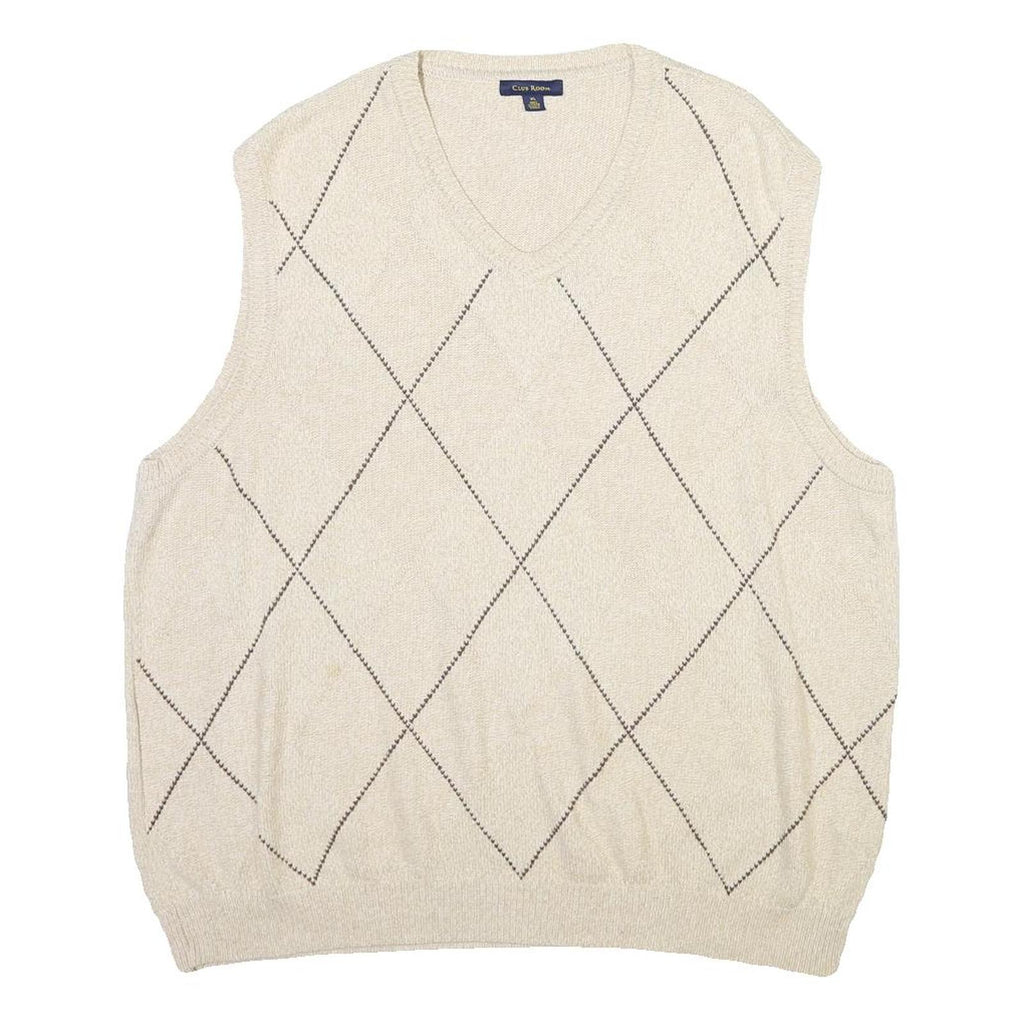CLUB ROOM Mens Cream V-Neck Patterned Jumper XL Cotton Blend Classic Soft Fit