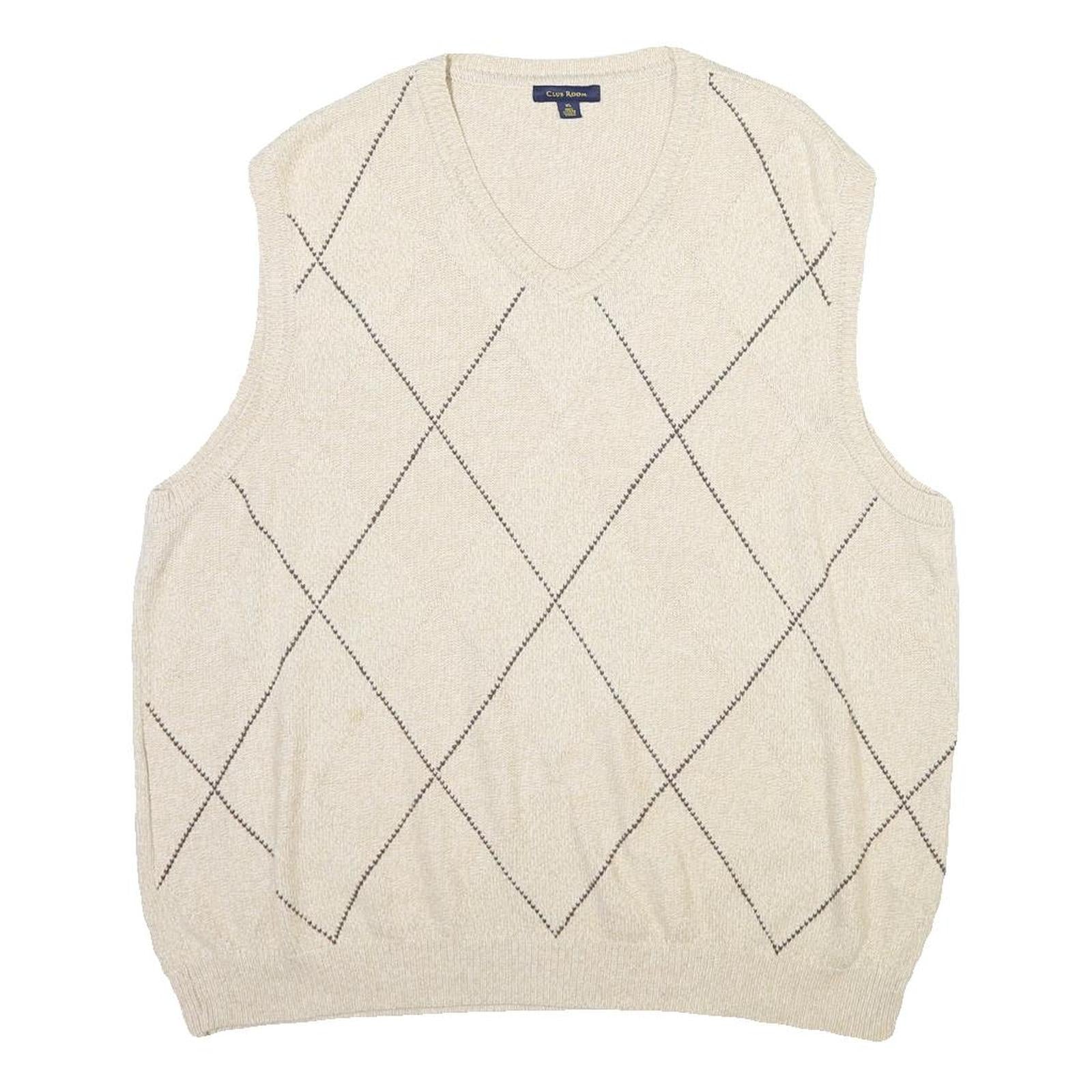CLUB ROOM Mens Cream V-Neck Patterned Jumper XL Cotton Blend Classic Soft Fit