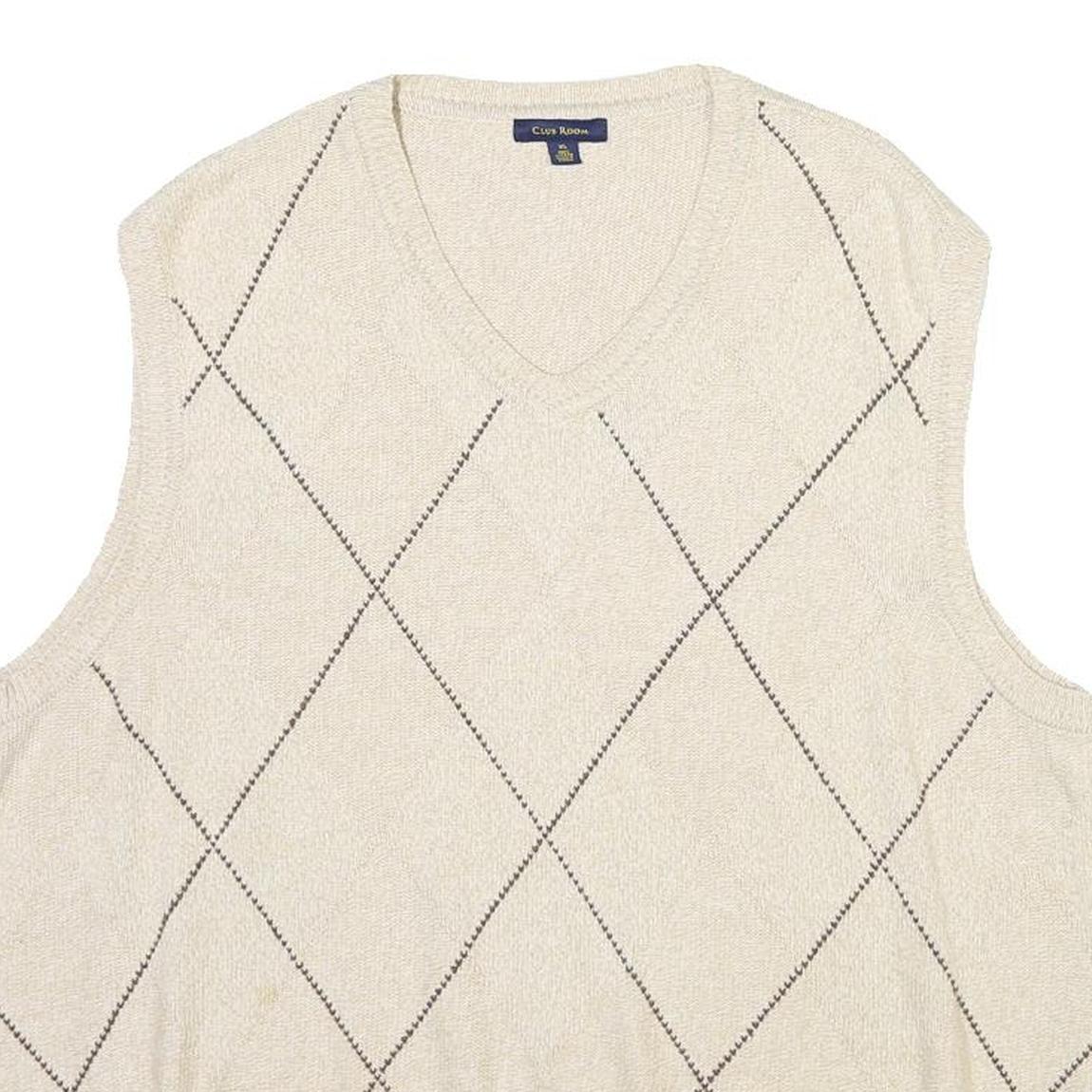 CLUB ROOM Mens Cream V-Neck Patterned Jumper XL Cotton Blend Classic Soft Fit