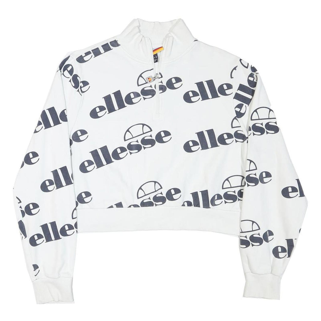 ELLESSE Womens White 1/4 Zip UK 10 Sweatshirt Cotton Blend Logo Print