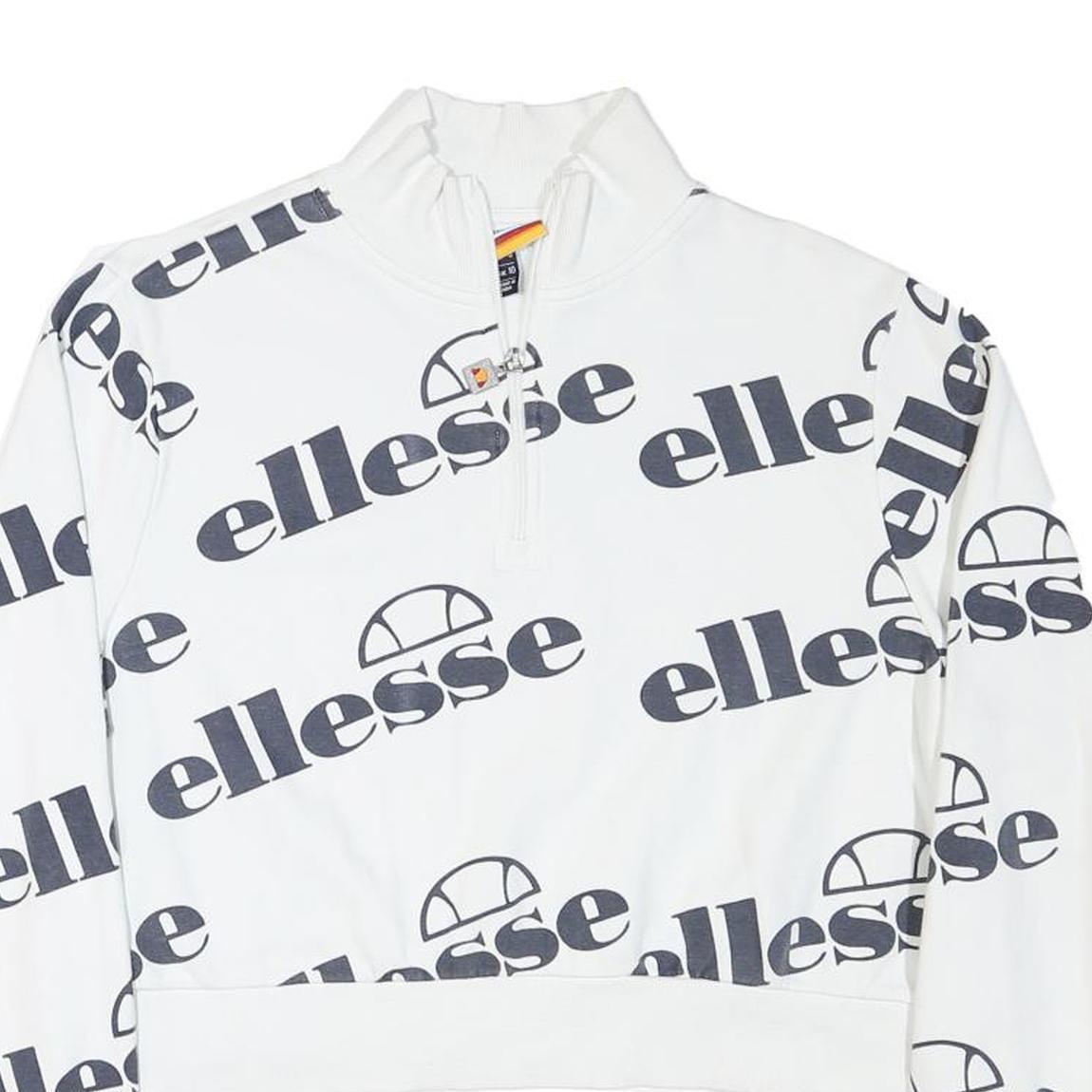 ELLESSE Womens White 1/4 Zip UK 10 Sweatshirt Cotton Blend Logo Print