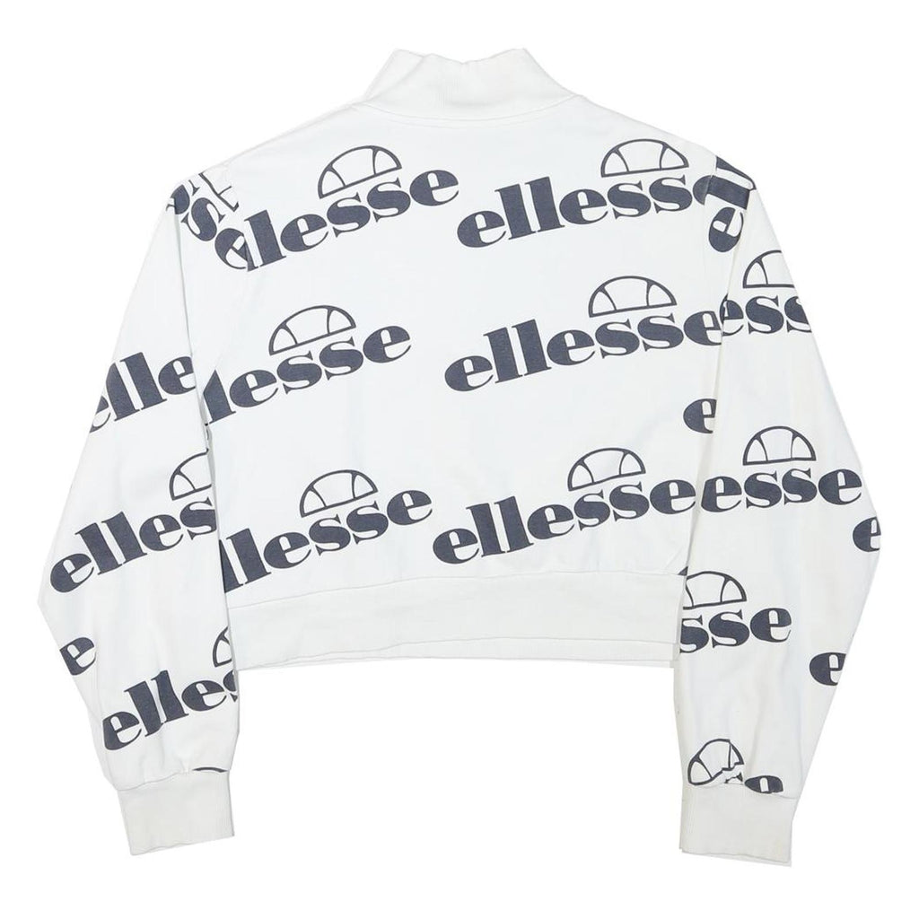 ELLESSE Womens White 1/4 Zip UK 10 Sweatshirt Cotton Blend Logo Print