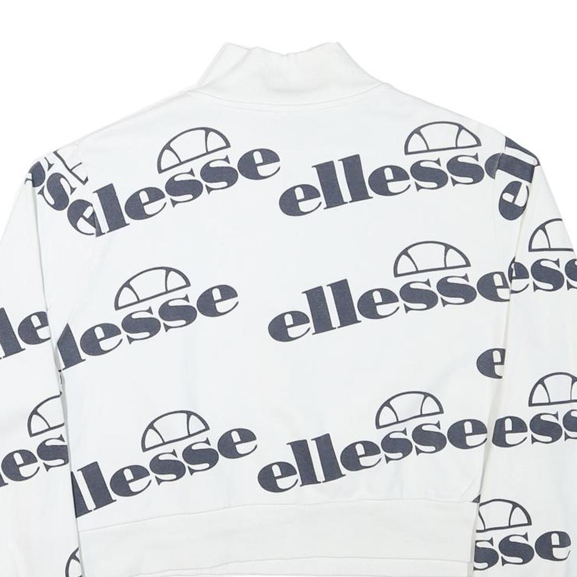 ELLESSE Womens White 1/4 Zip UK 10 Sweatshirt Cotton Blend Logo Print