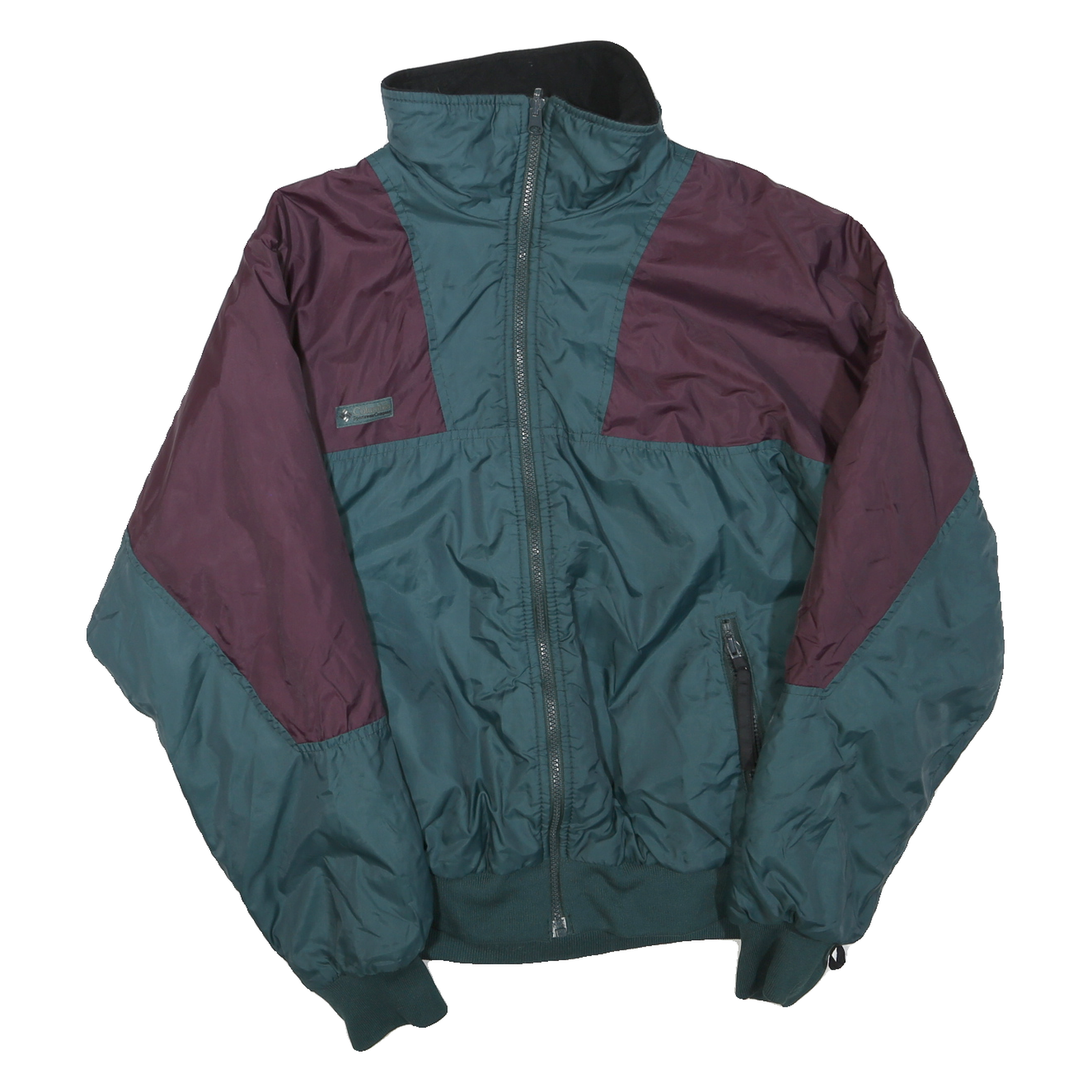 COLUMBIA Mens Green & Burgundy Button Jacket M Polyester Blend Colourblock