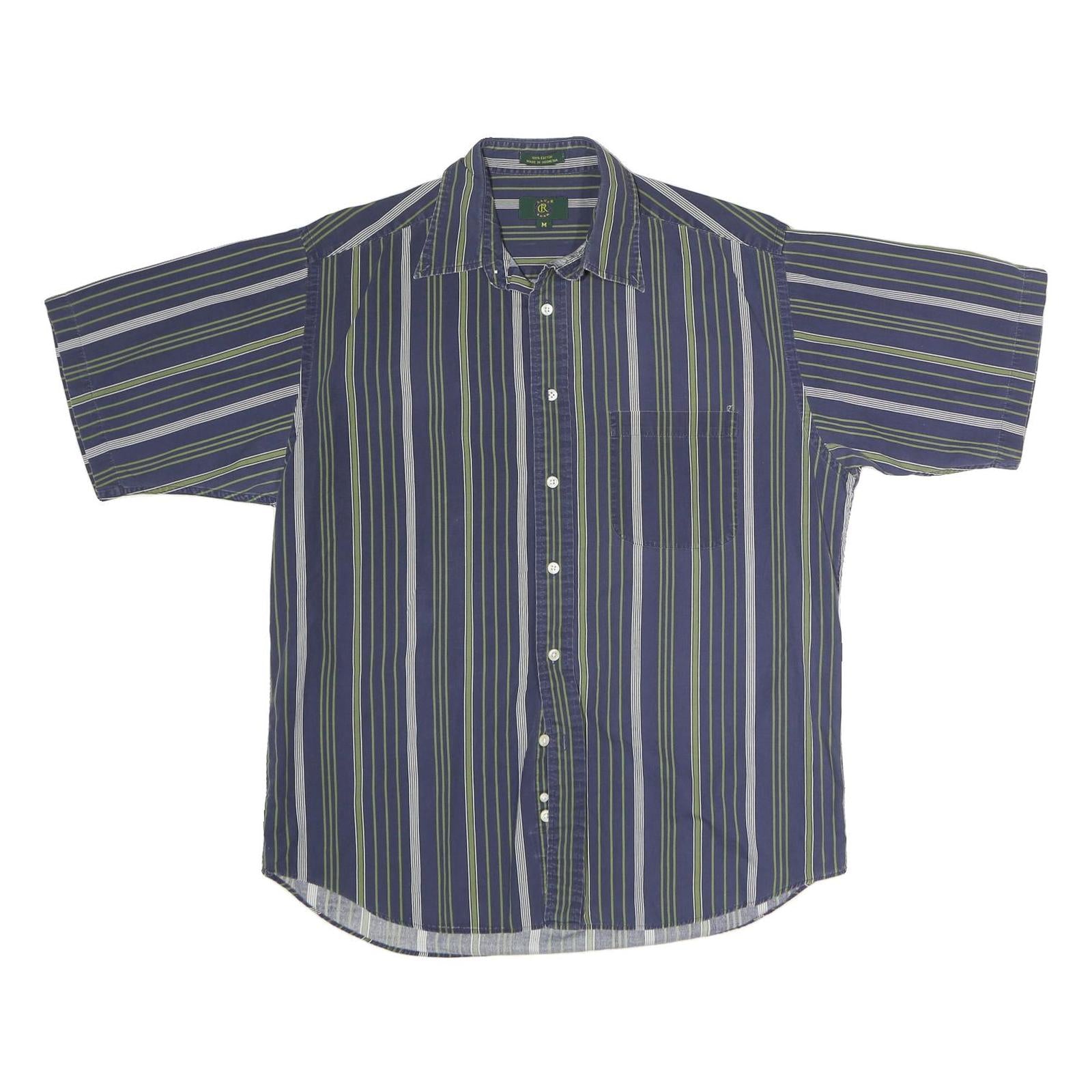 CLUB ROOM Mens Blue & Green Striped Shirt L Cotton Casual Short Sleeve Button