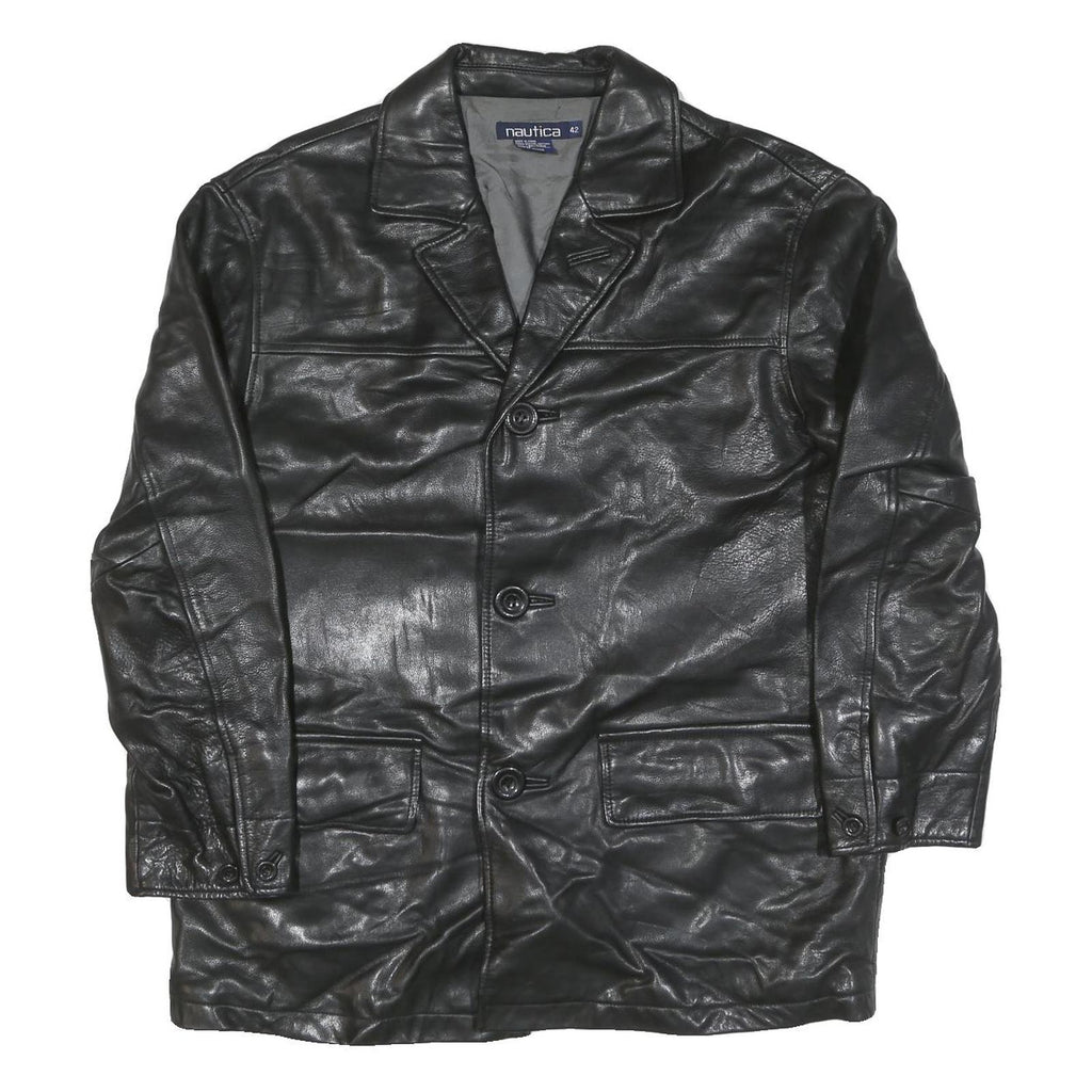 NAUTICA Mens Black Leather Button Jacket XL Smooth Plain Classic Outerwear