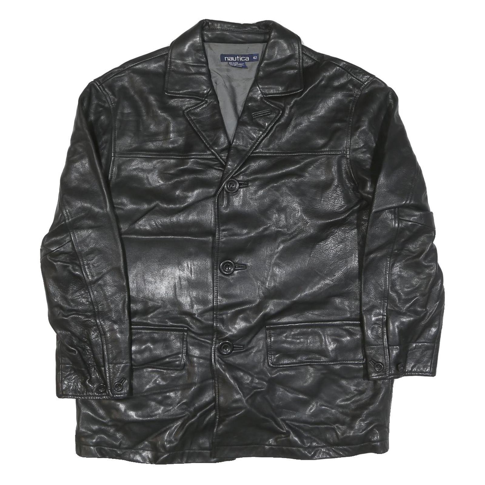 NAUTICA Mens Black Leather Button Jacket XL Smooth Plain Classic Outerwear