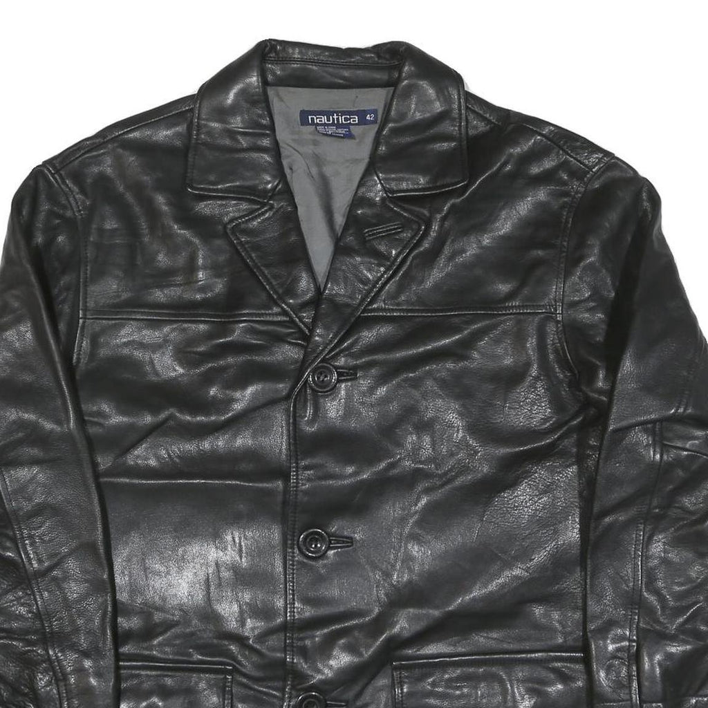 NAUTICA Mens Black Leather Button Jacket XL Smooth Plain Classic Outerwear