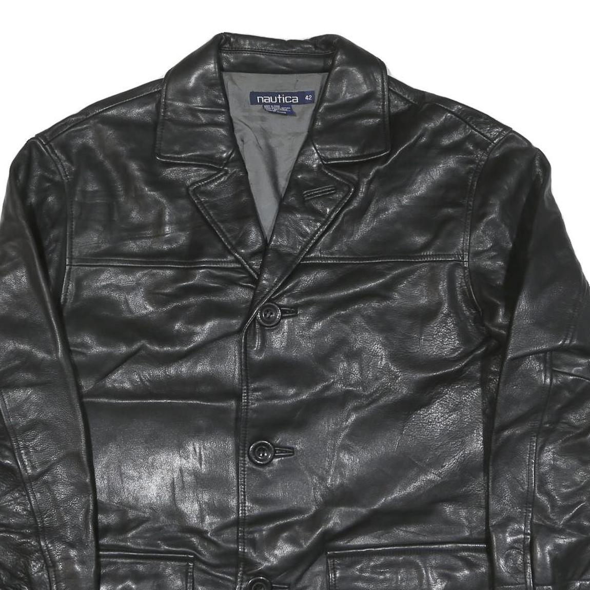 NAUTICA Mens Black Leather Button Jacket XL Smooth Plain Classic Outerwear
