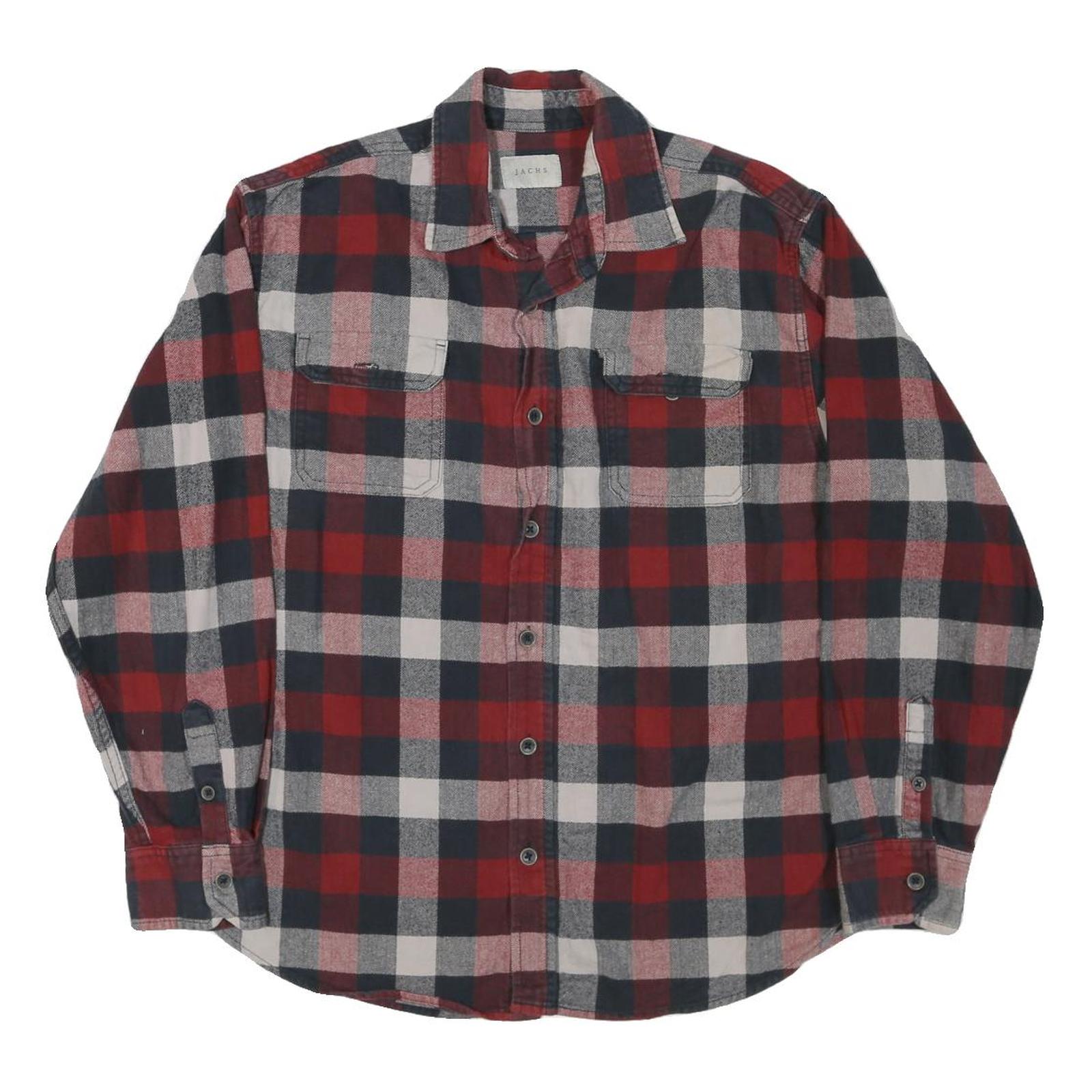 JACHS Mens Red & Black Check Shirt L Cotton Blend Classic Flannel Long Sleeve