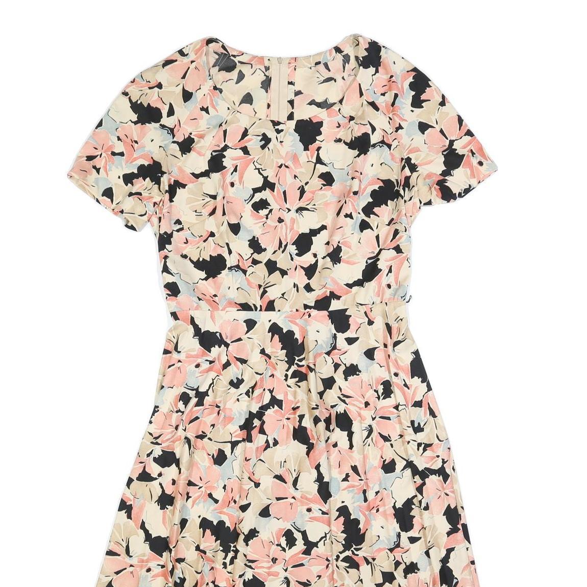 Womens Cream & Pink Floral Fit & Flare Cotton Blend Day Dress Short Sleeve S